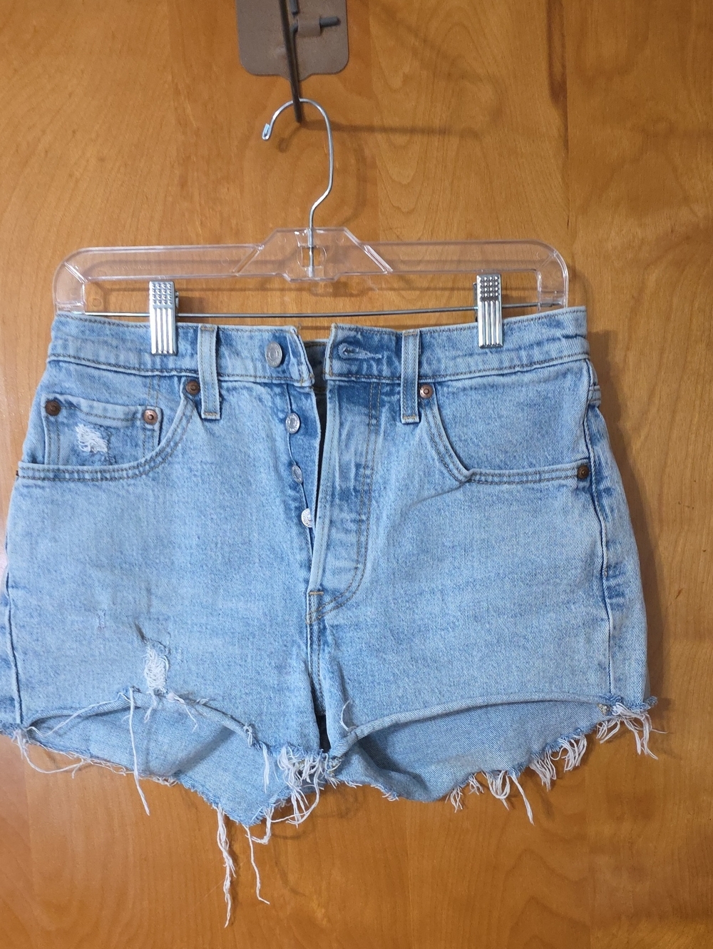 Levi's Light Blue Distressed High-Rise Button-Fly Denim Shorts